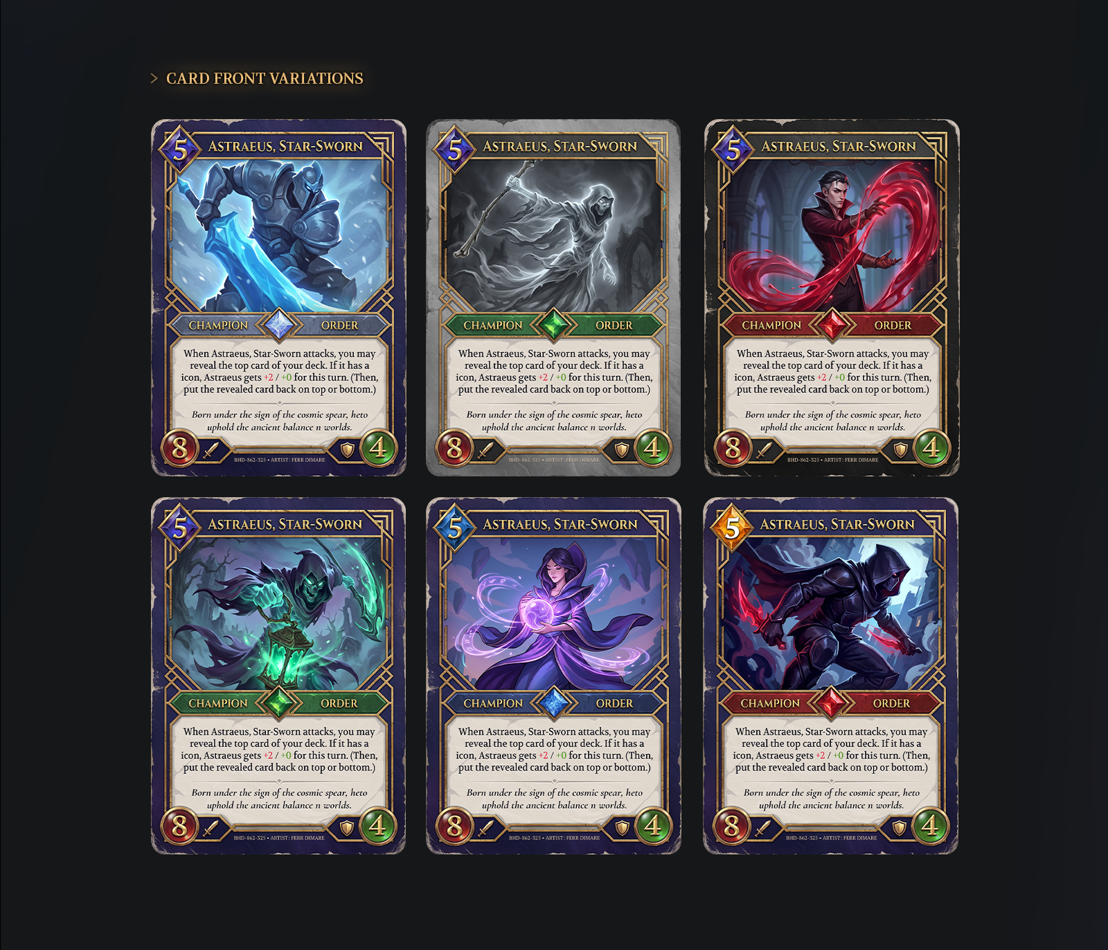 Between Legends TCG card front variations showcasing character art, stats, and UI templates.