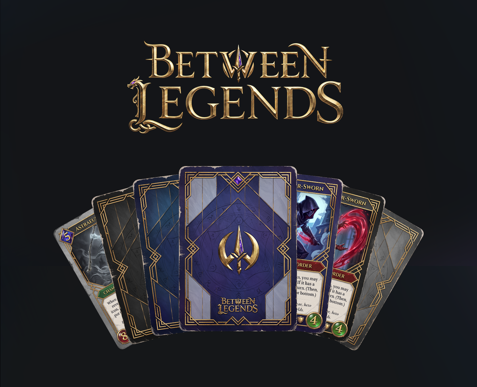 Between Legends TCG logo and a fan of cards showcasing the intricate card back design.