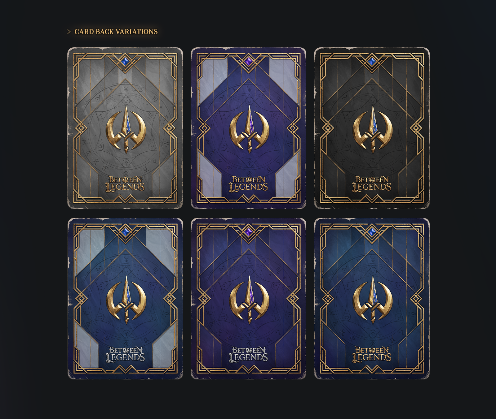 Six different color variations of the Between Legends TCG card back design.