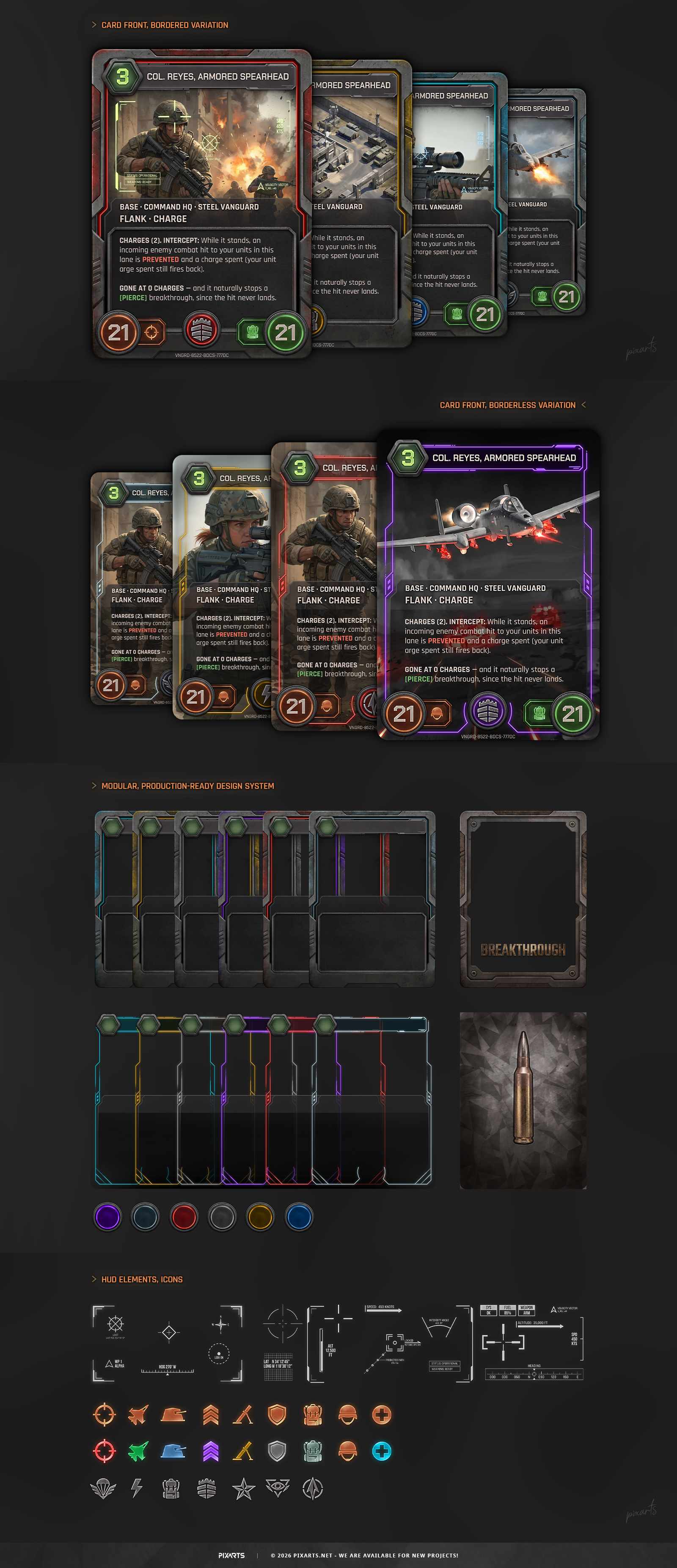 Breakthrough TCG complete design system, including bordered and borderless variations, modular elements, and HUD icons.