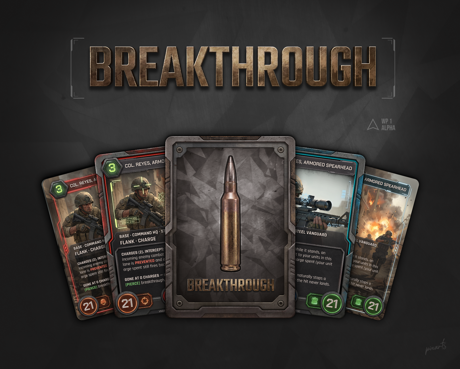 Breakthrough TCG cards featuring military personnel, vehicles, and tactical elements.
