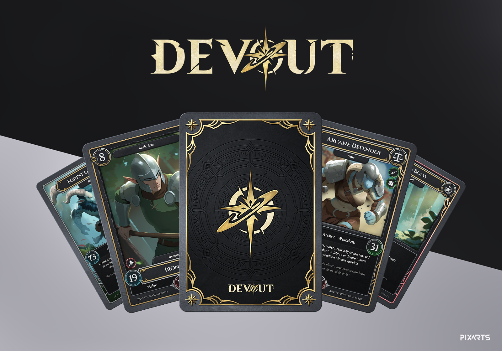 Hero showcase of the Devout brand identity featuring the gold metallic logotype, central star motif, and supporting brand elements on a dark background