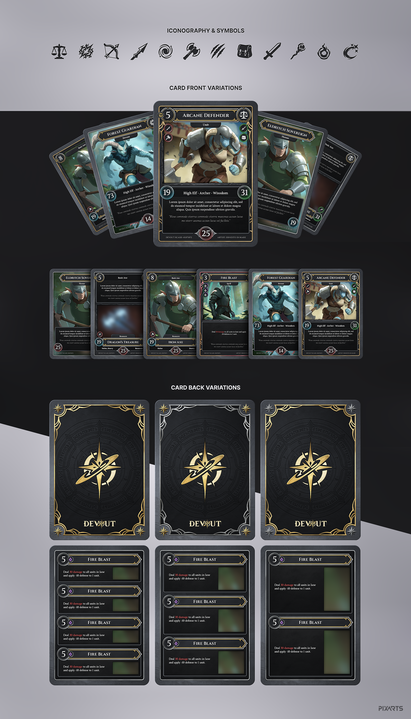 Full collection grid of Devout card frame templates, showcasing front and back variations with rarity tiers, consistent dark fantasy frames, gold typography, and structured gameplay stat layouts