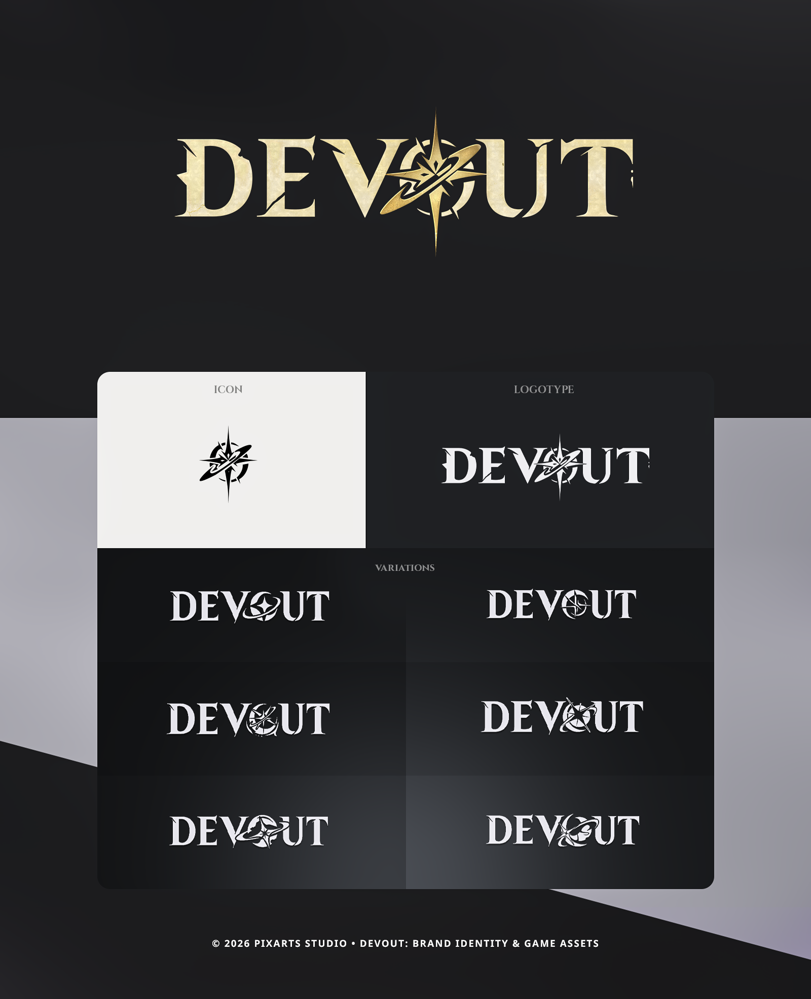 Detailed breakdown of the Devout game logo and brand identity system, showing the gold logotype, star emblem, color palette, and typography guidelines