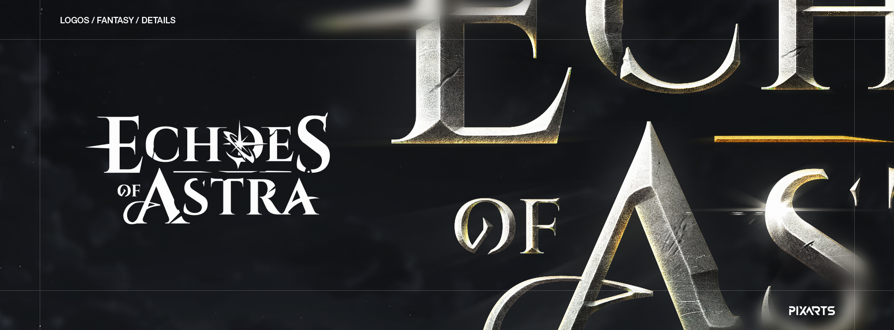 Close-up macro details of a fantasy game logo, revealing high-resolution stone textures and metallic gold shading in custom typography