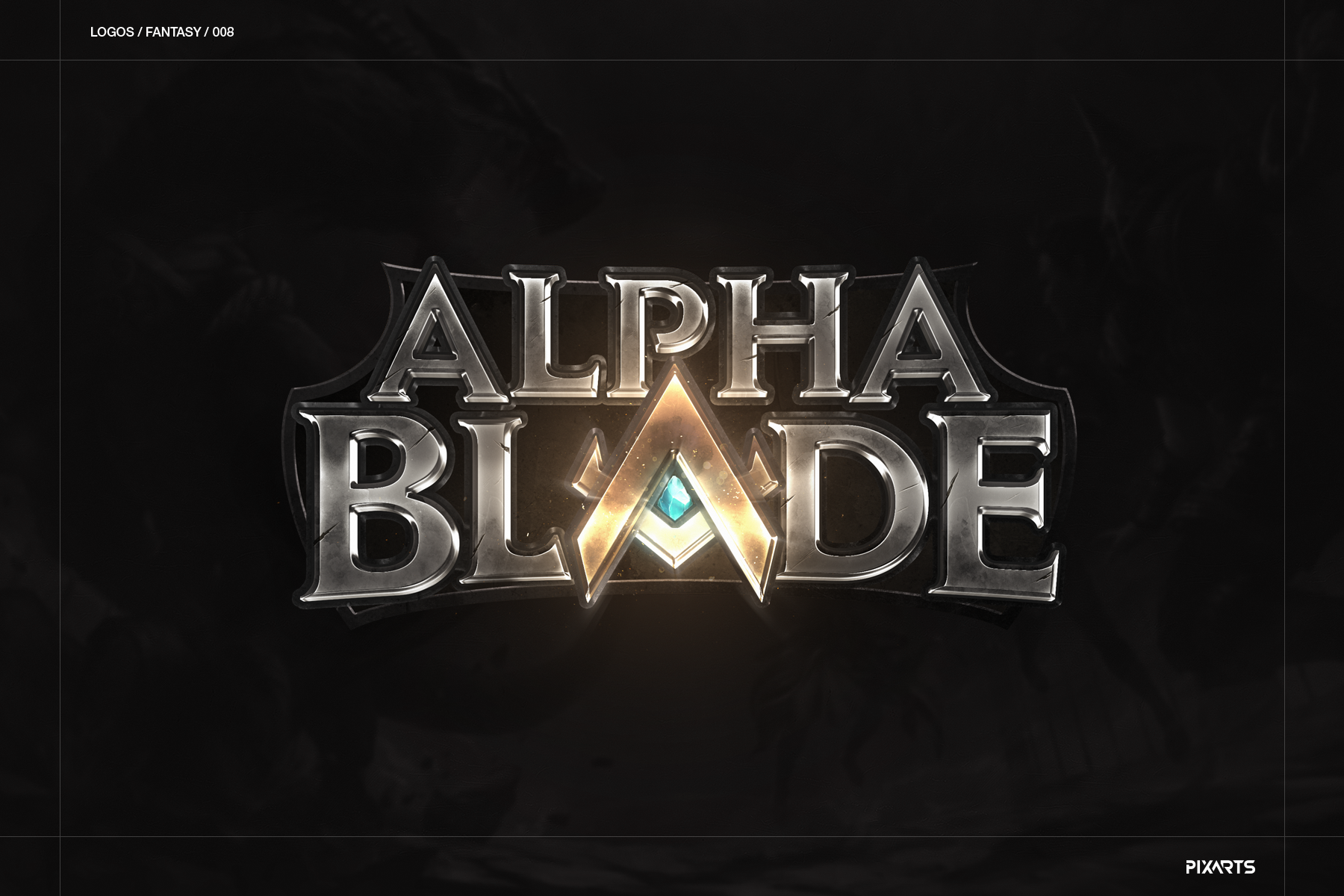 Alpha Blade game logo featuring heavy, brushed steel typography and a glowing golden triangular emblem