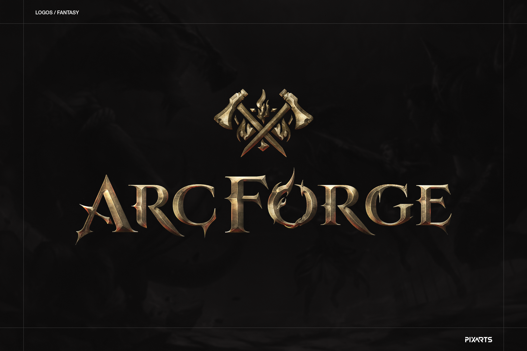 Arcforge fantasy game logo design featuring bold metallic typography and epic dark fantasy branding