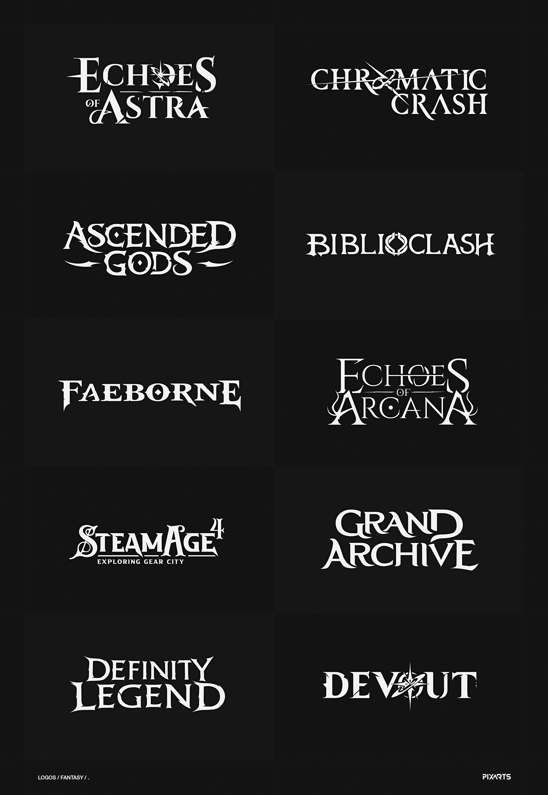 Grid of custom vector typography and sketches for various dark fantasy and RPG game logos, showcasing lettering process