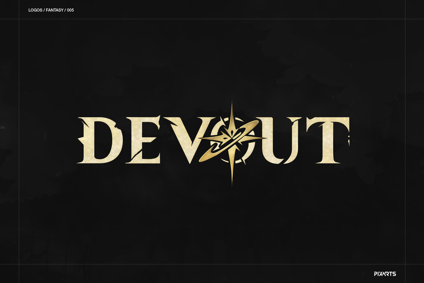 Devout action RPG game logotype showcasing sharp, metallic gold typography and a central star motif