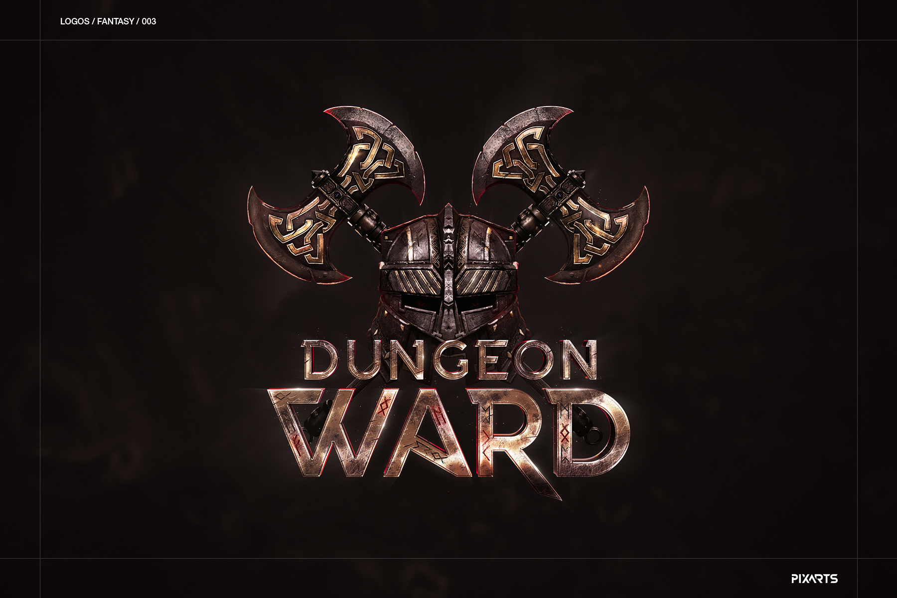 Dungeon Ward dark fantasy RPG game branding featuring crossed axes, an iron helmet, and highly textured metallic typography