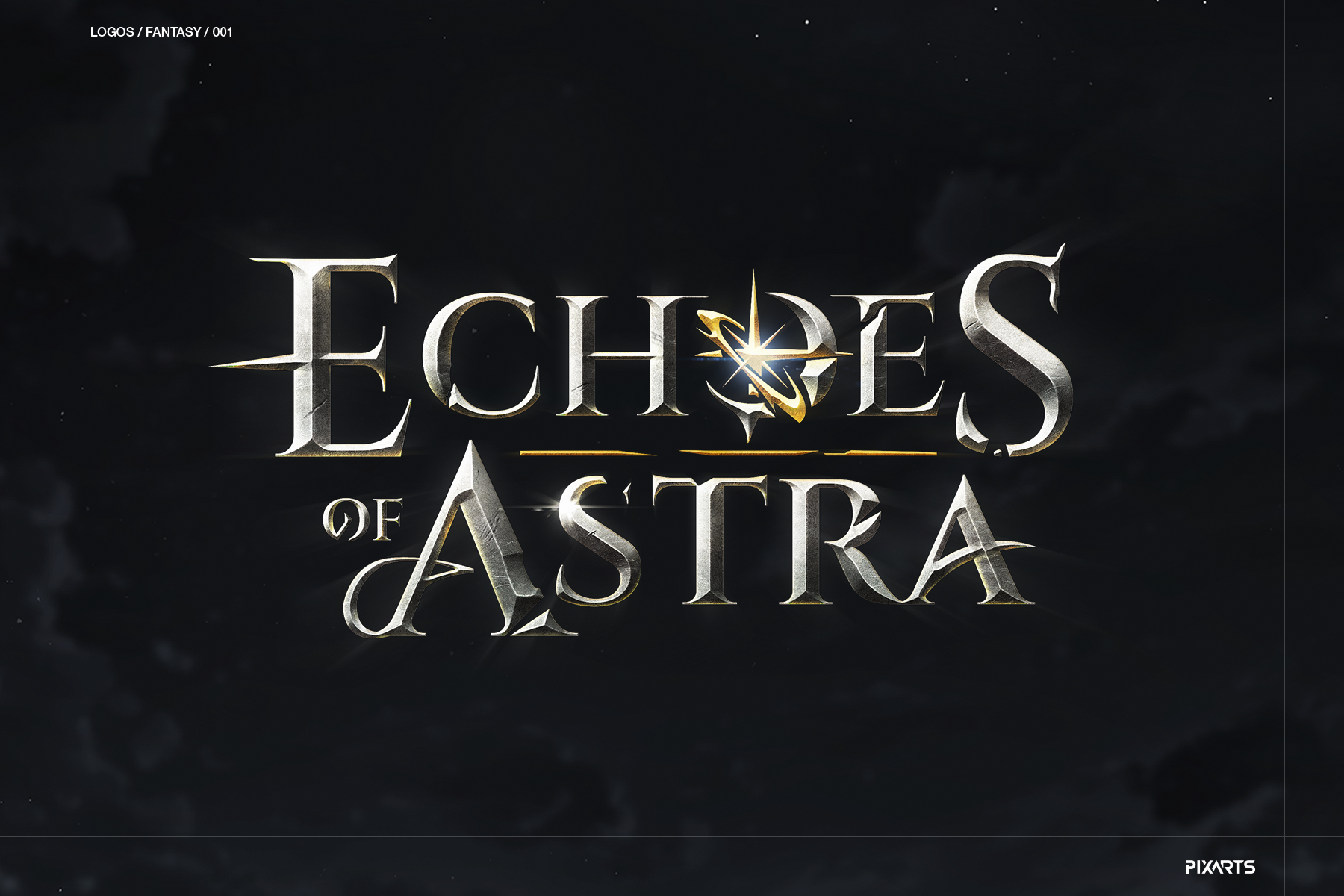 Echoes of Astra game logo design featuring rendered stone and gold typography with a starburst element on a dark cosmic background