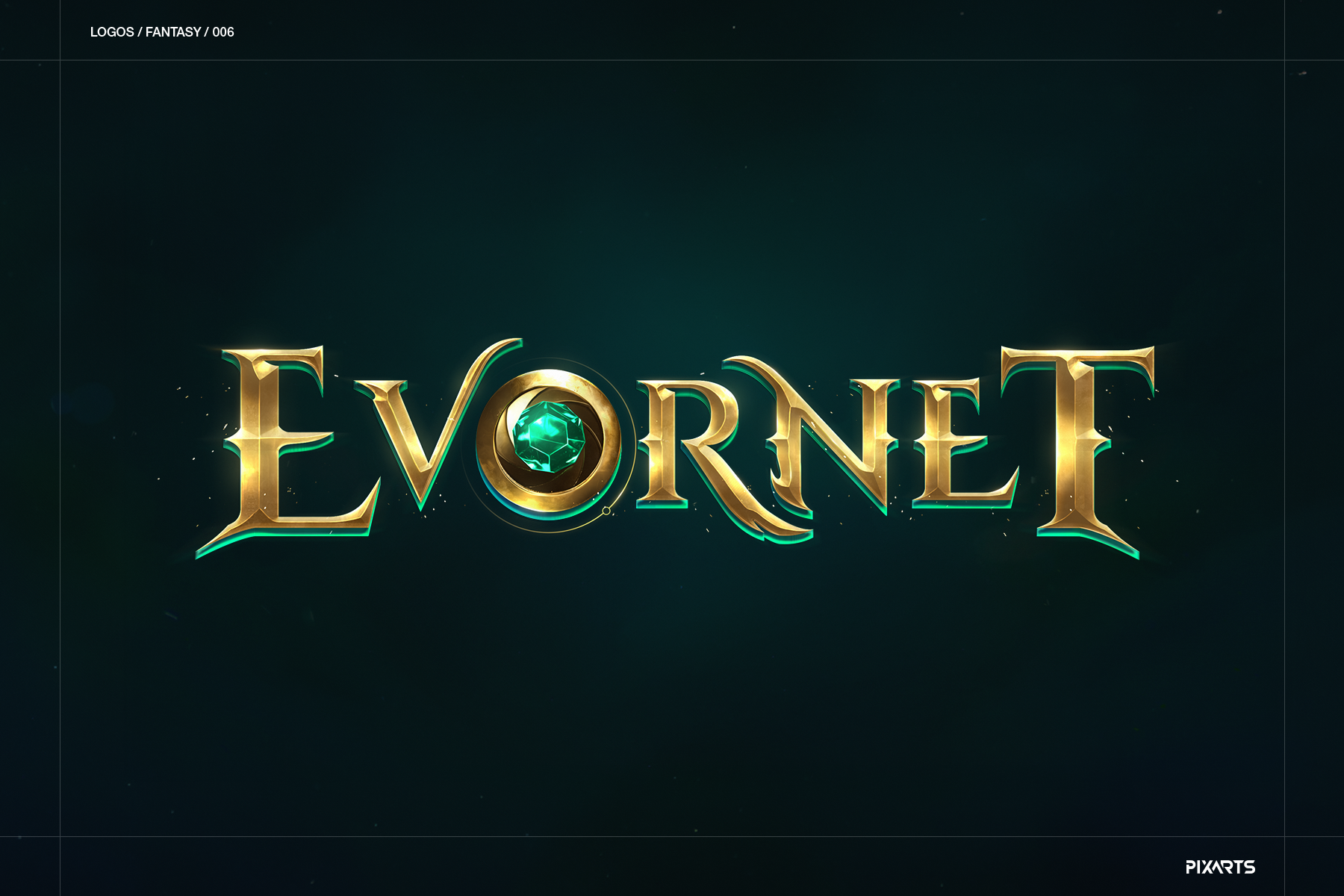 Evornet fantasy game logo design showcasing golden lettering with a magical glowing green orb embedded in the center