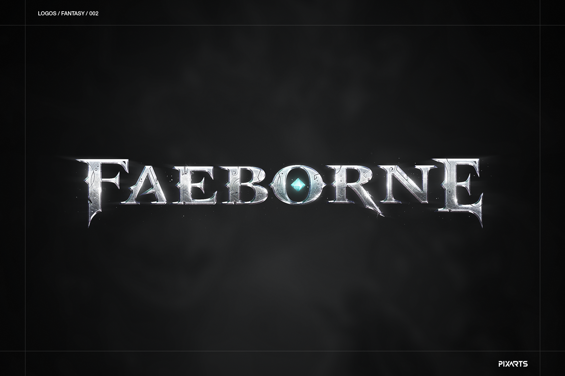 Faeborne dark fantasy game logo design featuring cold silver metallic typography with an embedded glowing blue gemstone