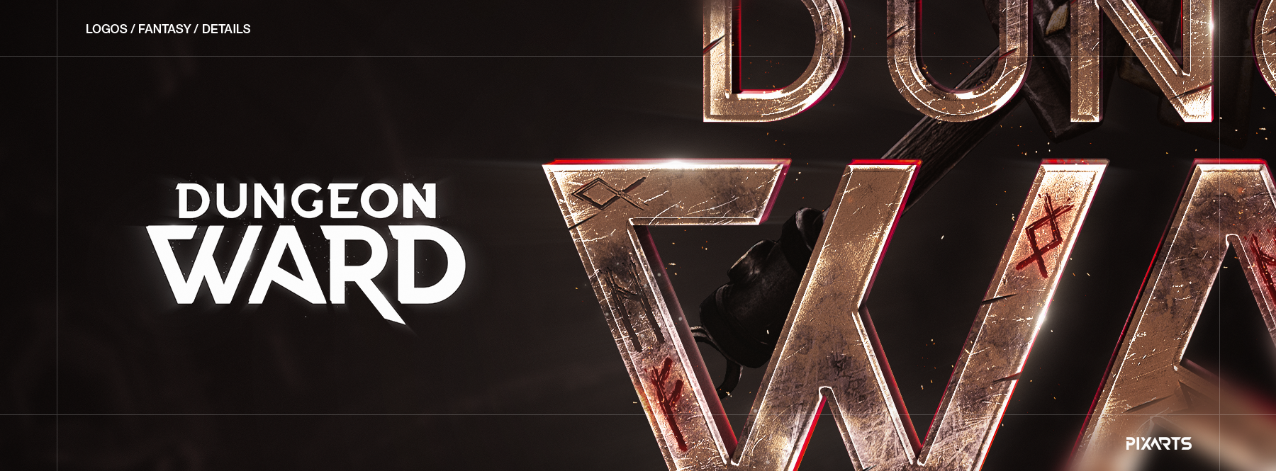 Macro shot of the Dungeon Ward dark fantasy logo, highlighting detailed rusted metal, scratches, and realistic material rendering