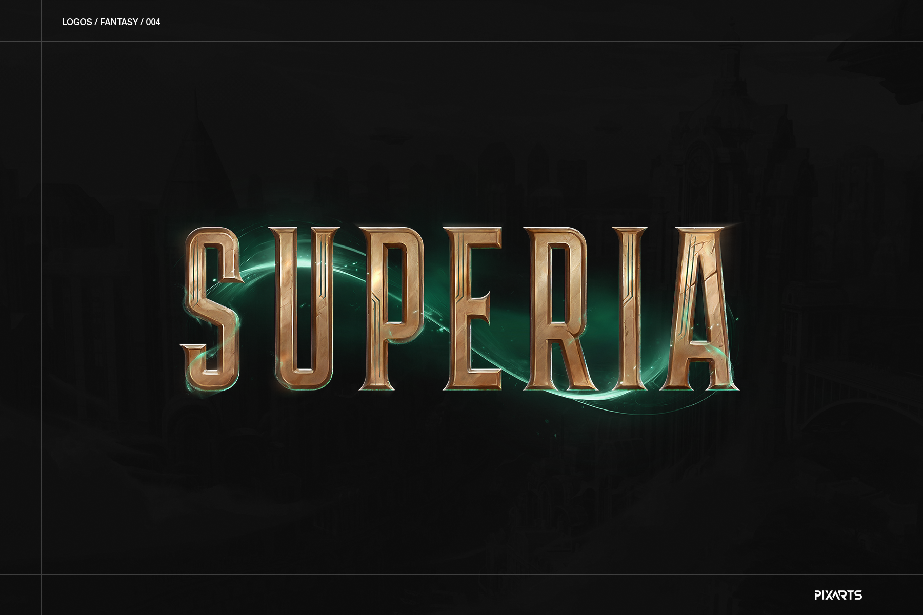 Superia high fantasy MMO game logo design with elegant golden lettering and magical green energy sweeps