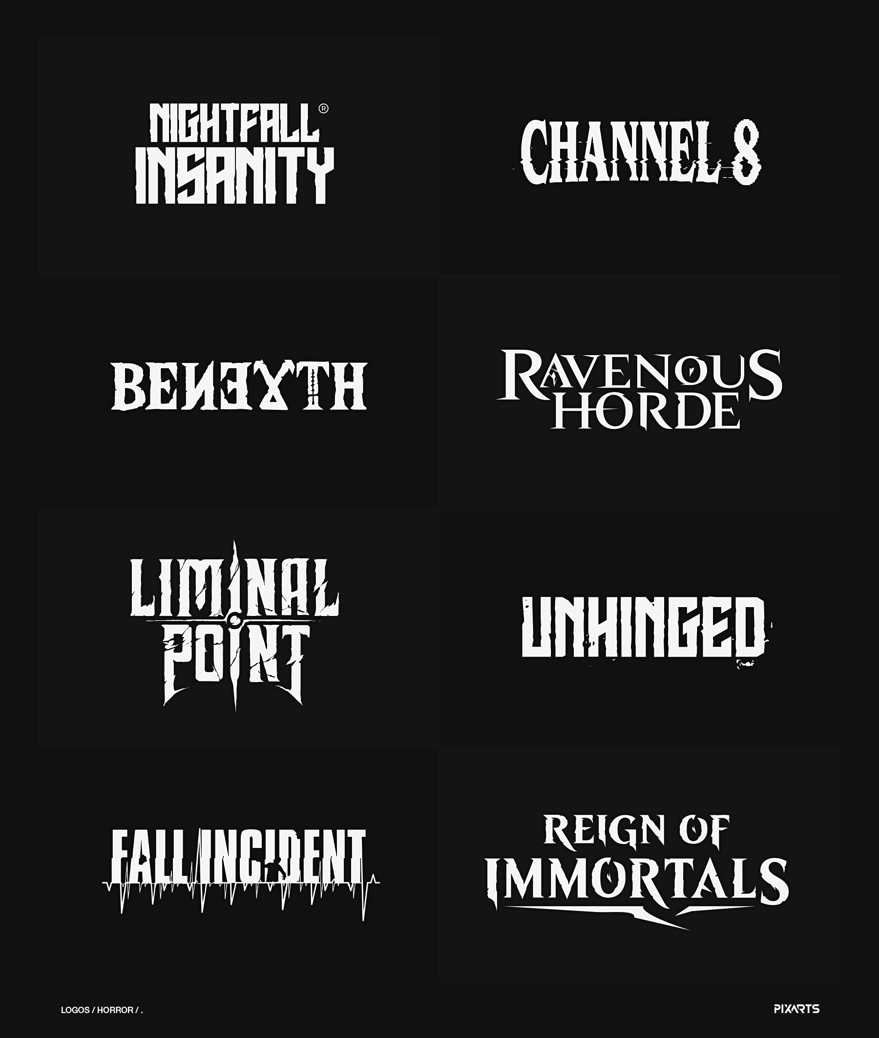 Grid of 8 custom white horror game logos on a dark grey background by Pixarts Studio