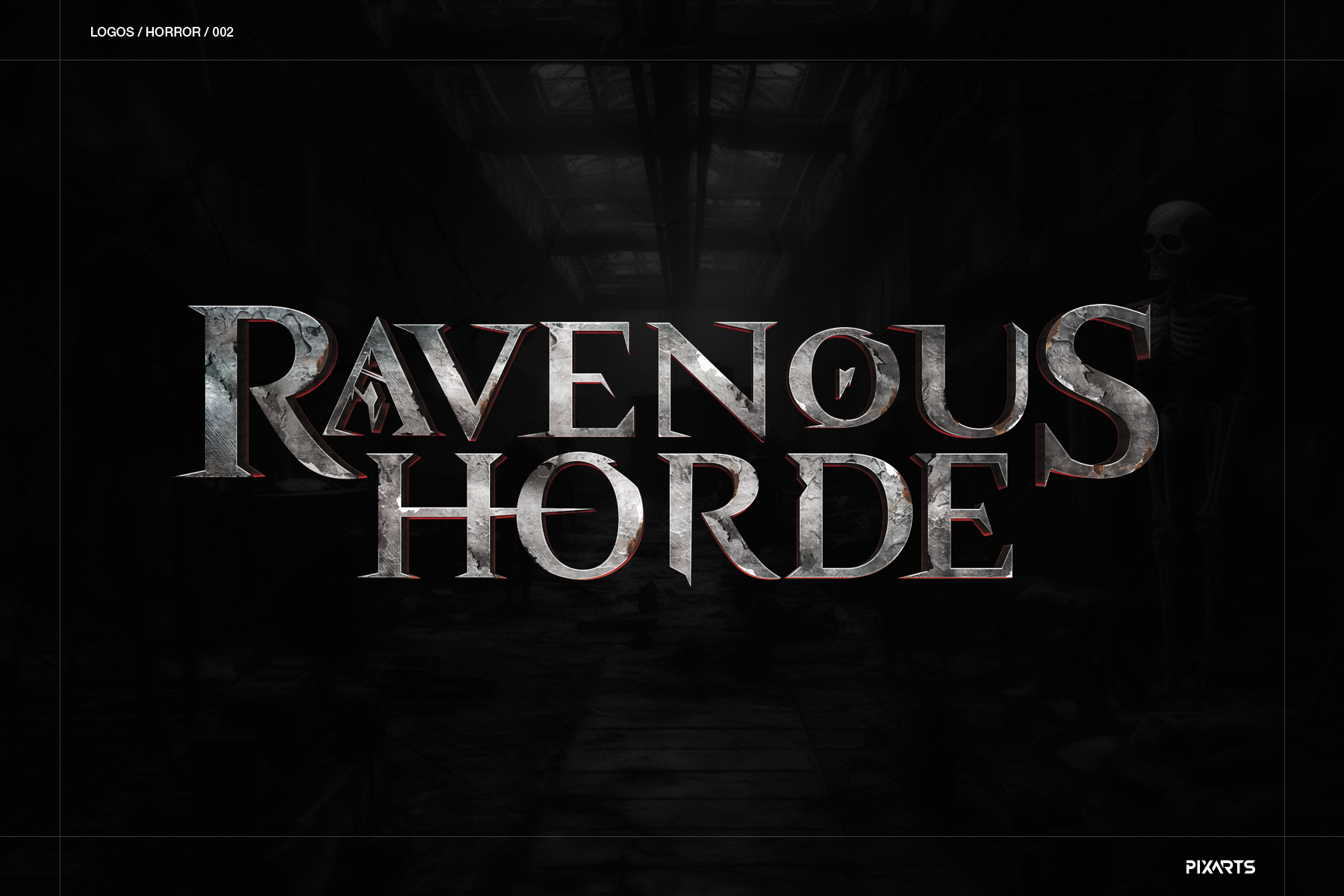 Ravenous Horde dark fantasy RPG logo with metallic gothic typography on a dungeon background