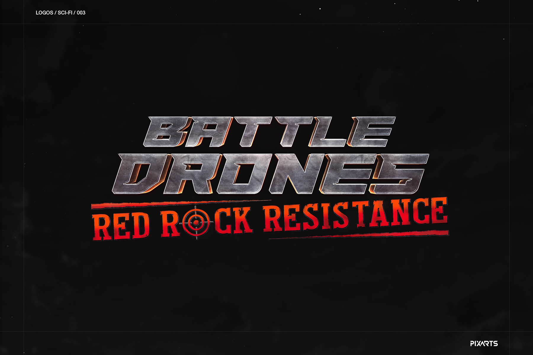 Battle Drones sci-fi shooter game logo showcasing brushed steel lettering and red stencil typography