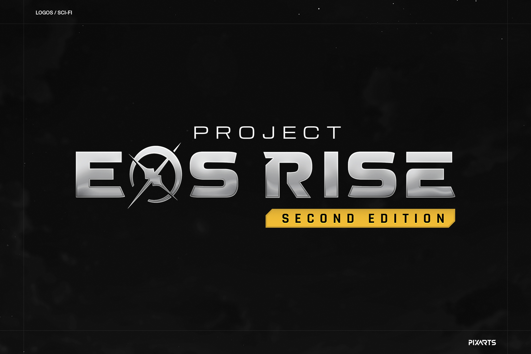 EOS Rise sci-fi game typography featuring futuristic lettering and bold cyberpunk branding