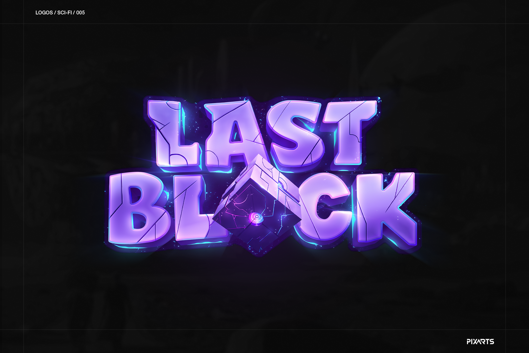 Last Block sci-fi game typography featuring glowing purple lettering and a floating neon cube