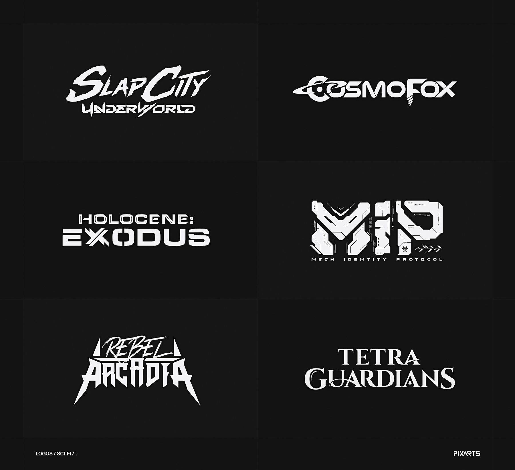 Grid of white vector blueprints and typography sketches for various sci-fi, cyberpunk, and futuristic game logos