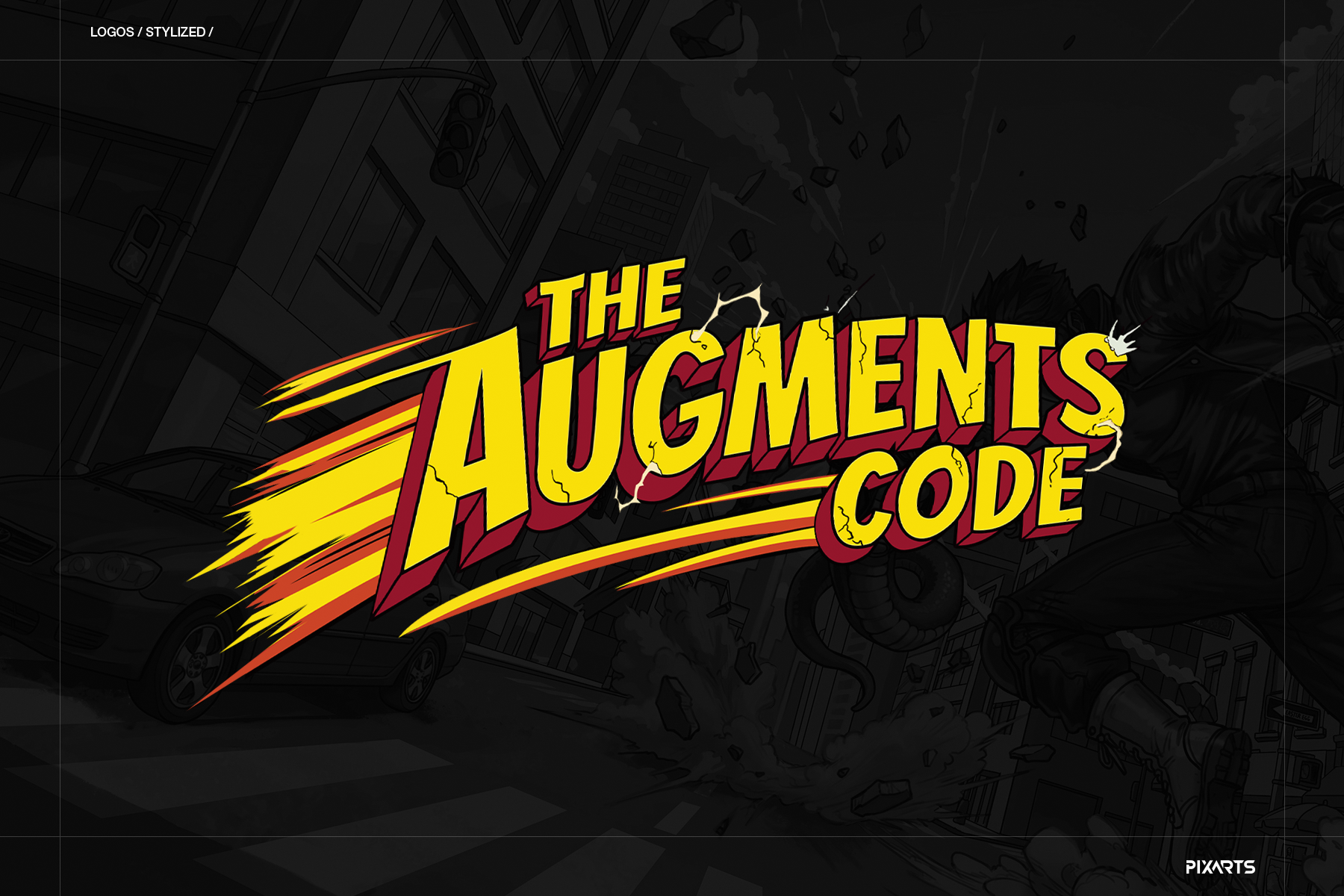 The Augments Code action arcade game logo showcasing vibrant yellow typography with dynamic comic book style speed lines