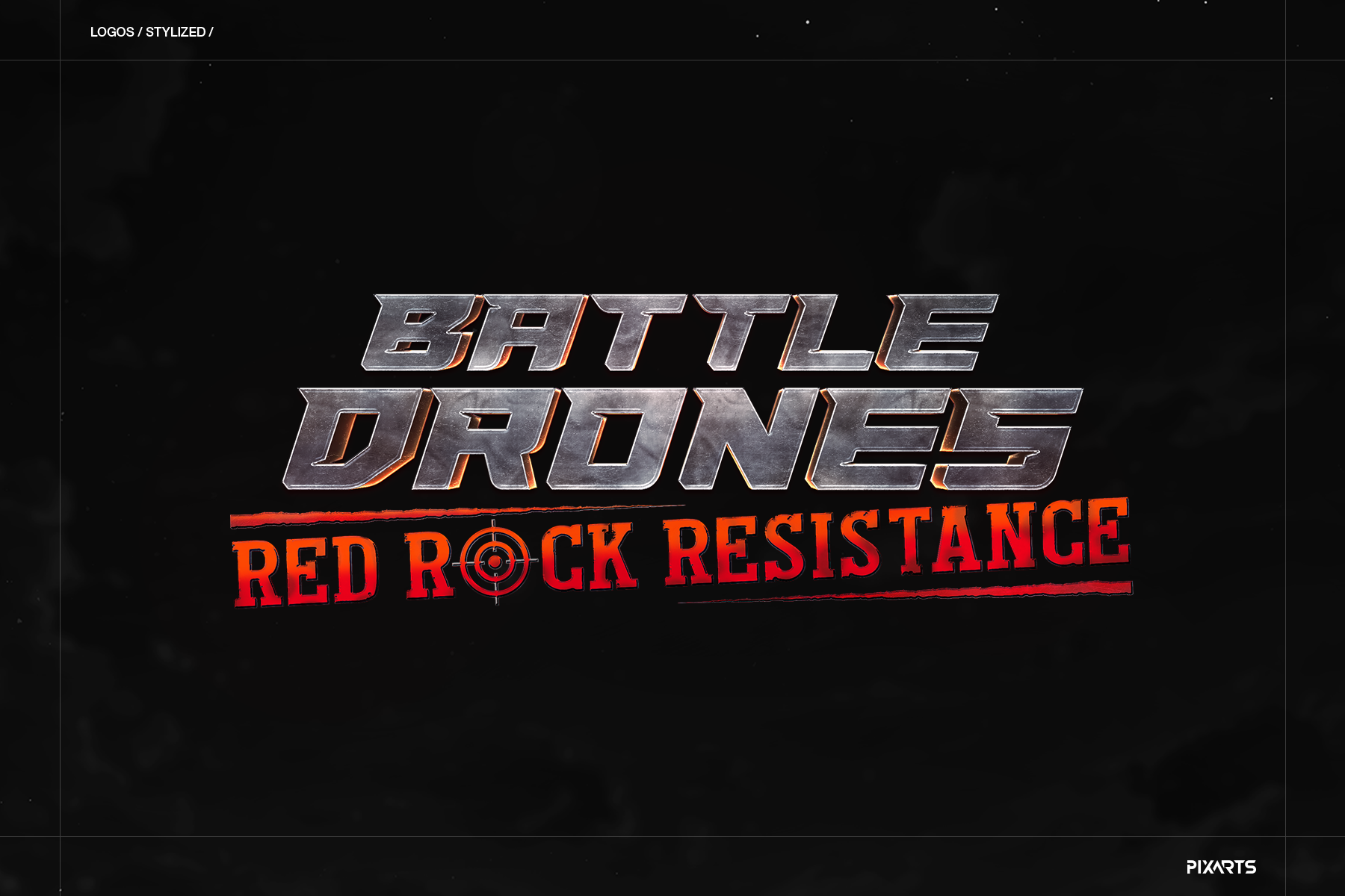 Battle Drones sci-fi game branding showcasing heavy brushed metal typography and a red stencil subtitle