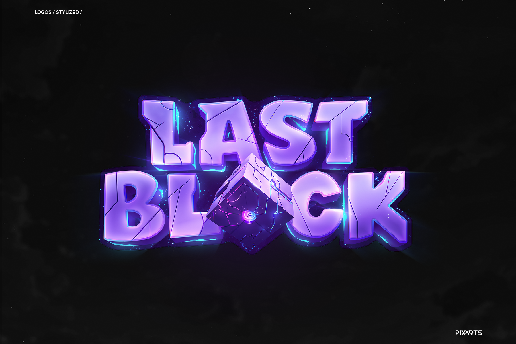 Last Block stylized puzzle game typography featuring glowing purple lettering and a floating neon cube