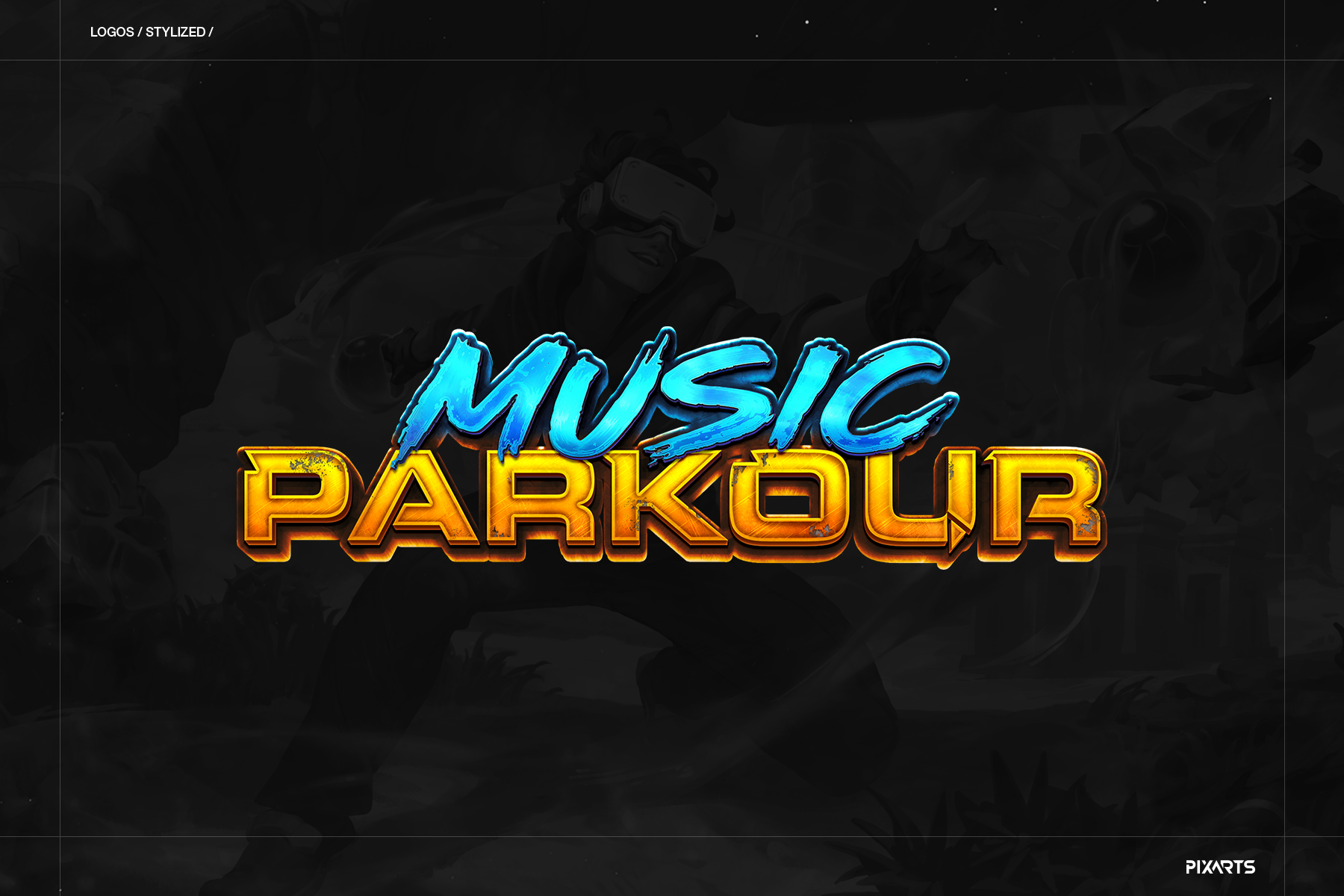 Music Parkour stylized rhythm game logo featuring bright cyan and gold chunky lettering