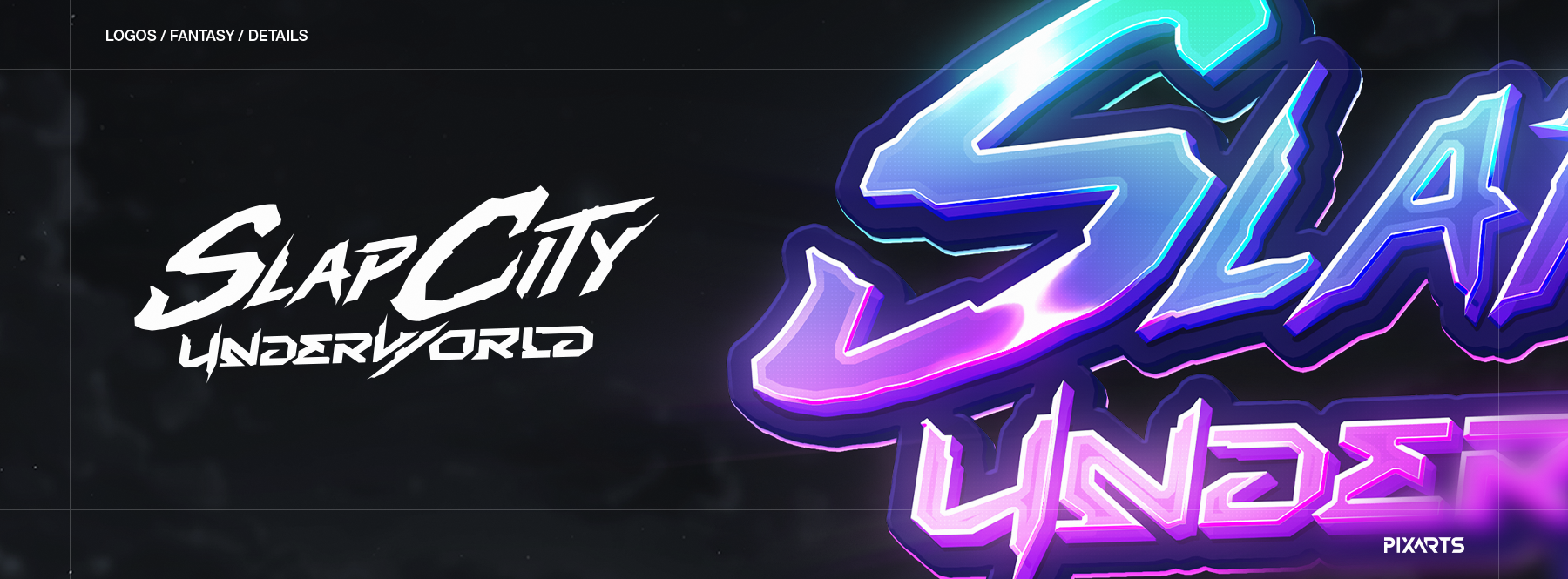 Close-up macro details of a stylized arcade game logo, highlighting glowing neon tubes, thick outlines, and vibrant purple lighting