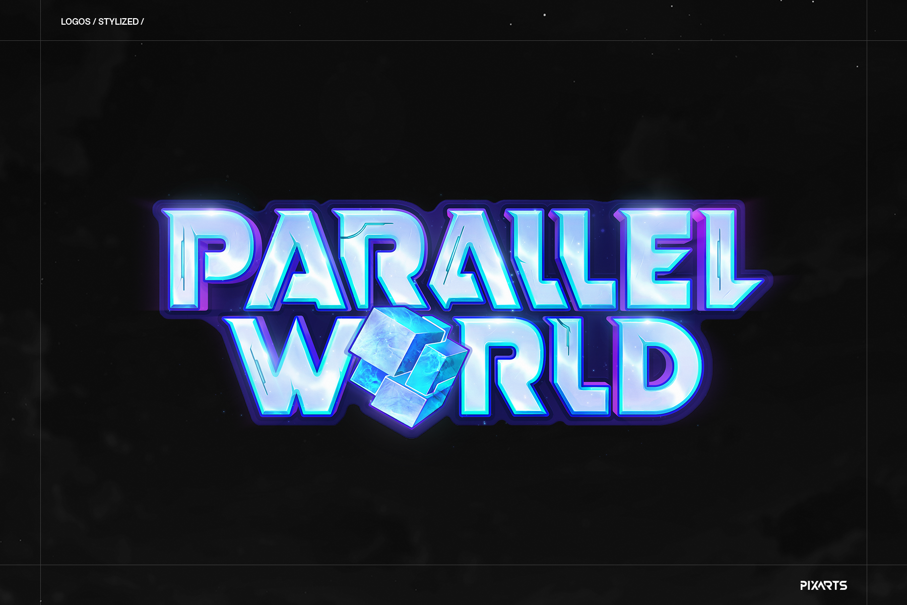 Parallel World stylized game logo design featuring bright blue neon lettering and geometric crystalline cubes