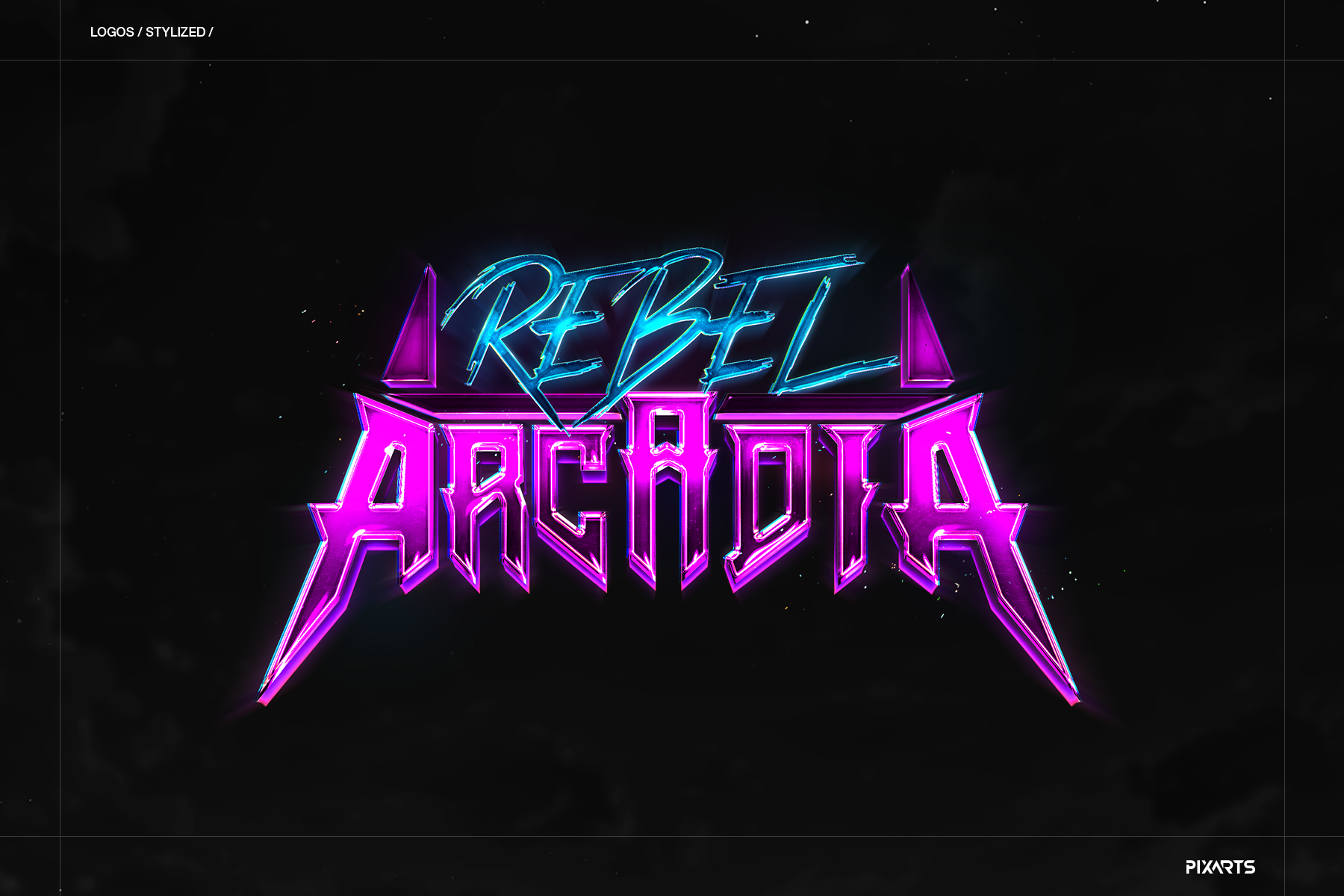 Rebel Arcadia stylized neon game logo with vibrant purple typography in a retro synthwave style