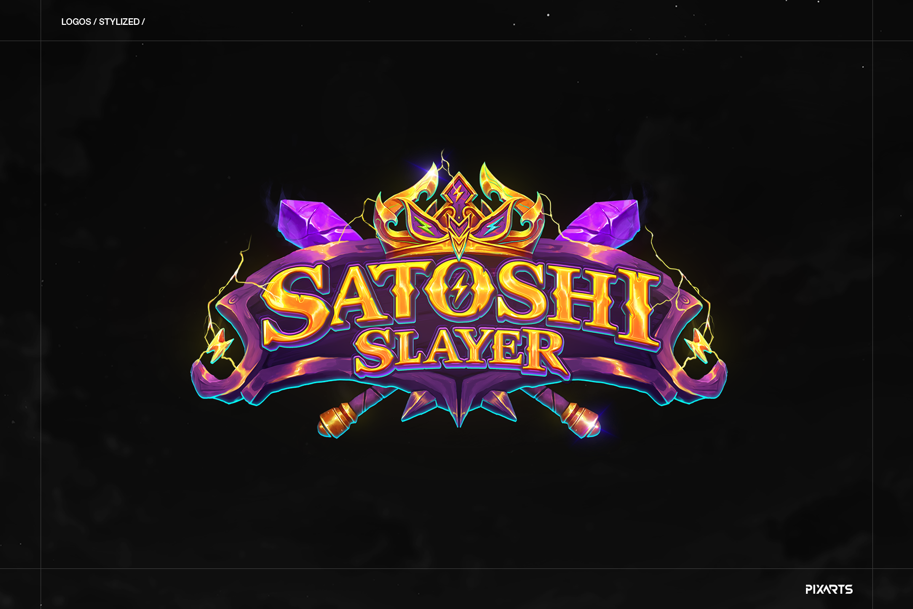 Satoshi Slayer mobile RPG game logo design featuring ornate golden typography, a crown motif, and purple crystals