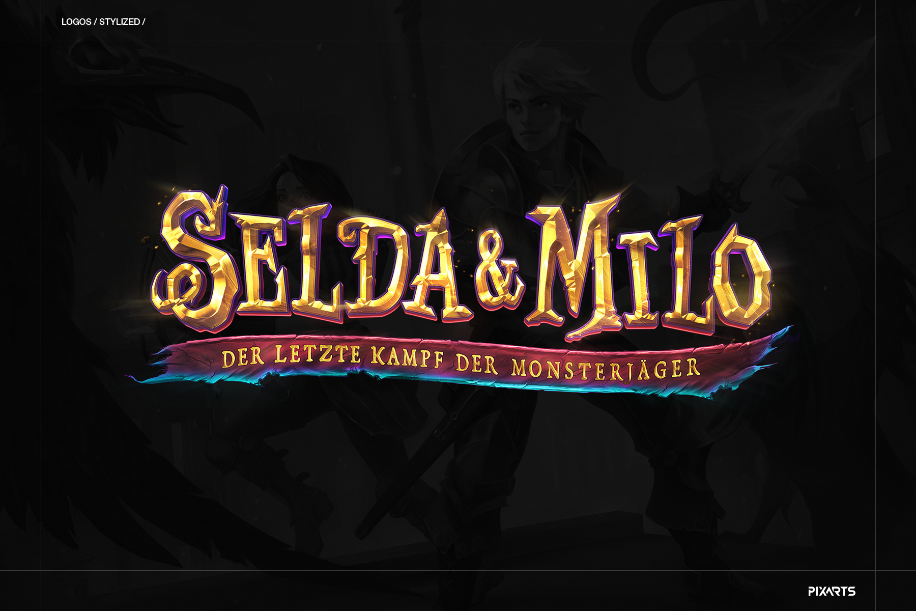 Selda & Milo stylized fantasy RPG game logo design with playful golden typography and a magical purple ribbon