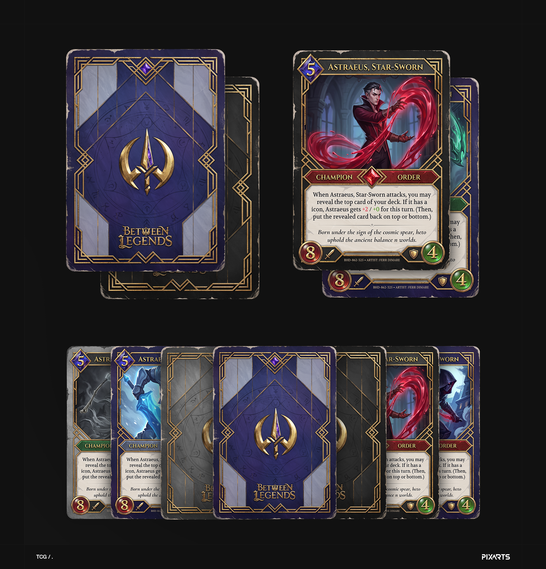 Between Legends — full trading card game set design featuring custom card fronts, backs, and brand identity.