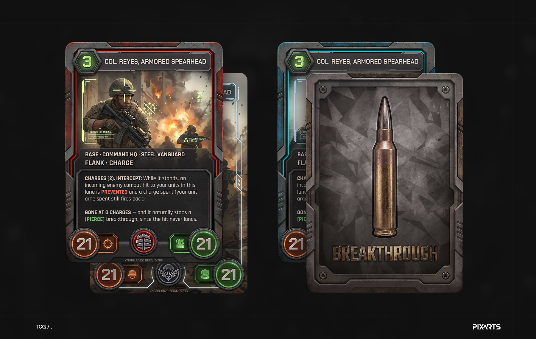 Breakthrough — military trading card game design with tactical UI elements.
