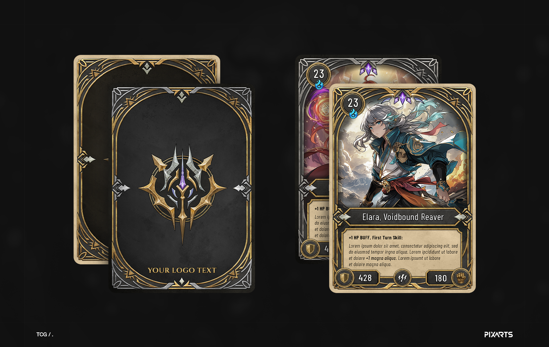Elara — custom TCG card back template design with intricate gold foil lines and premium collector finish.