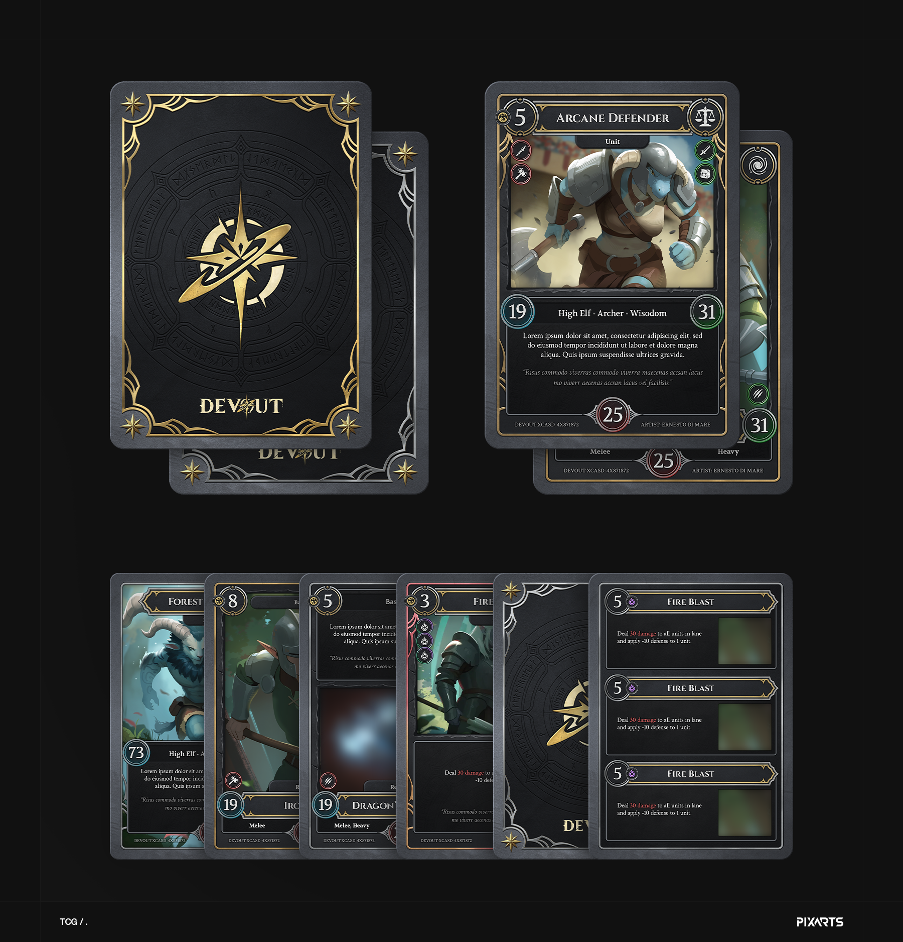 Devout — full trading card game set design featuring custom card fronts, backs, and brand identity.