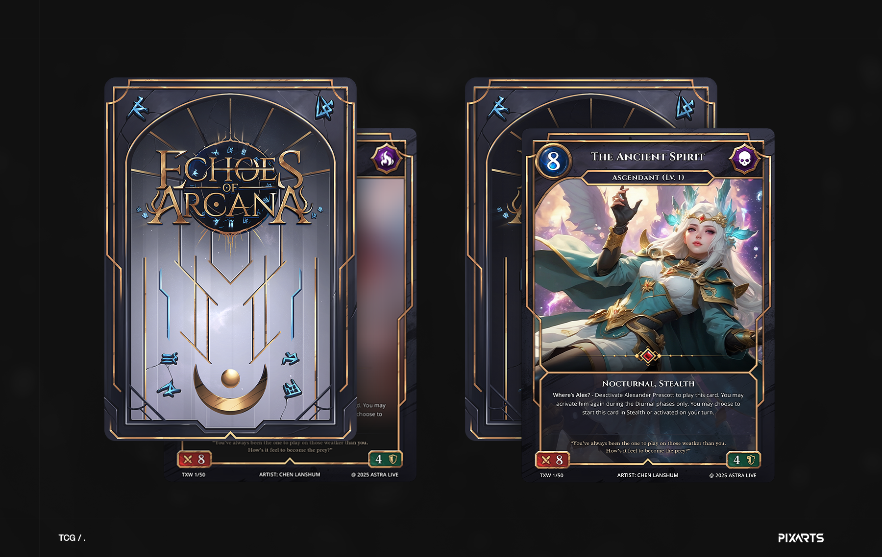 Echoes of Arcana — custom TCG card front and back design with arcane fantasy UI elements.