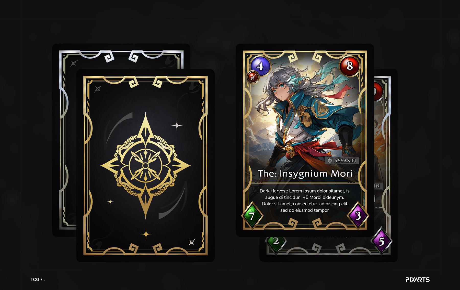 Insygnium Mori — dark fantasy trading card game UI design with sculpted card frame and lore typography.