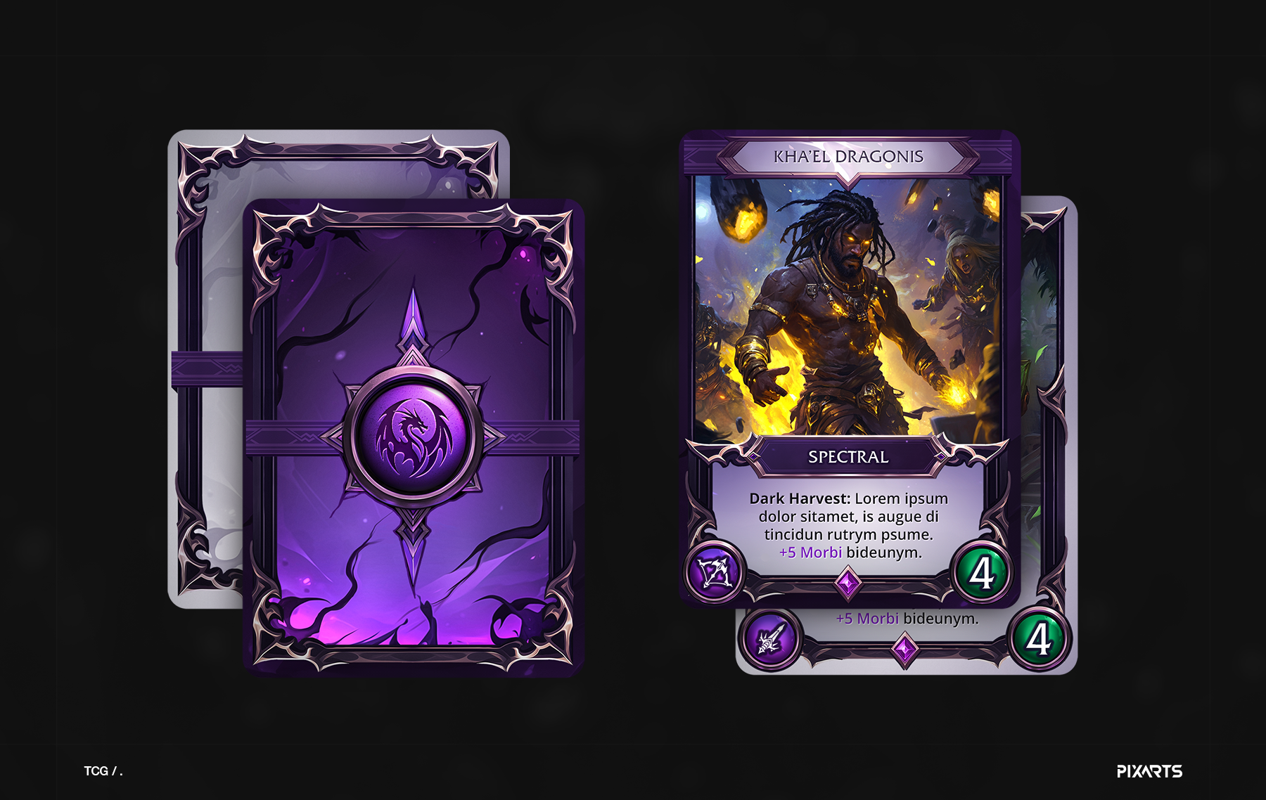 Spectral Kha'el Dragonis — fantasy TCG card design with holographic and elemental visual language.