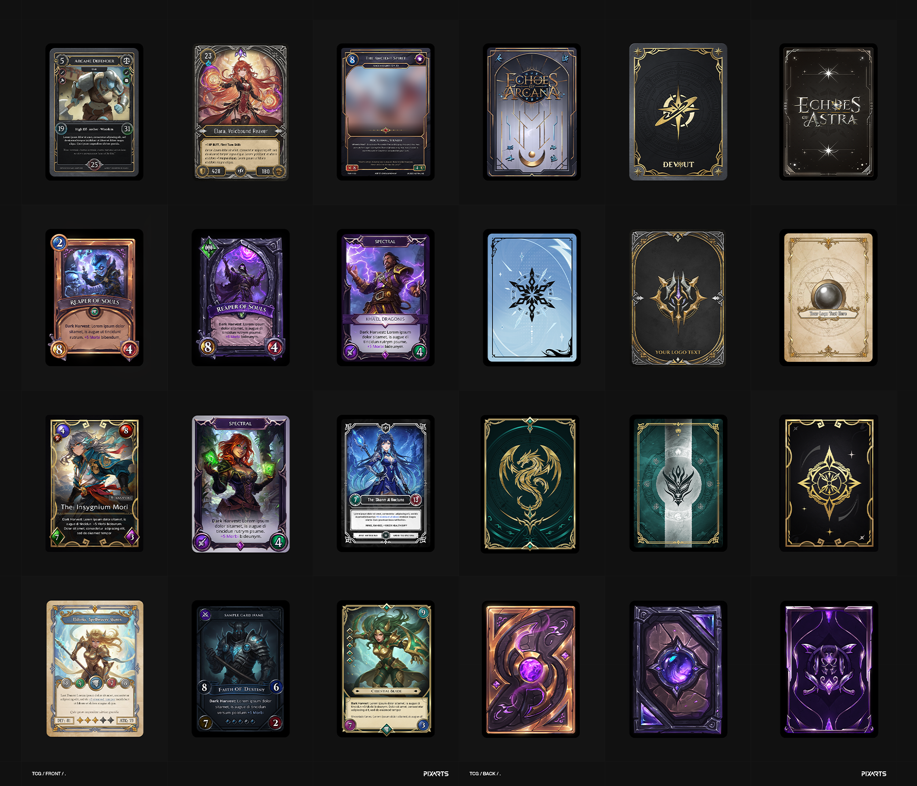 Overview of a custom trading card game UI design portfolio — multiple TCG card styles and branding systems.