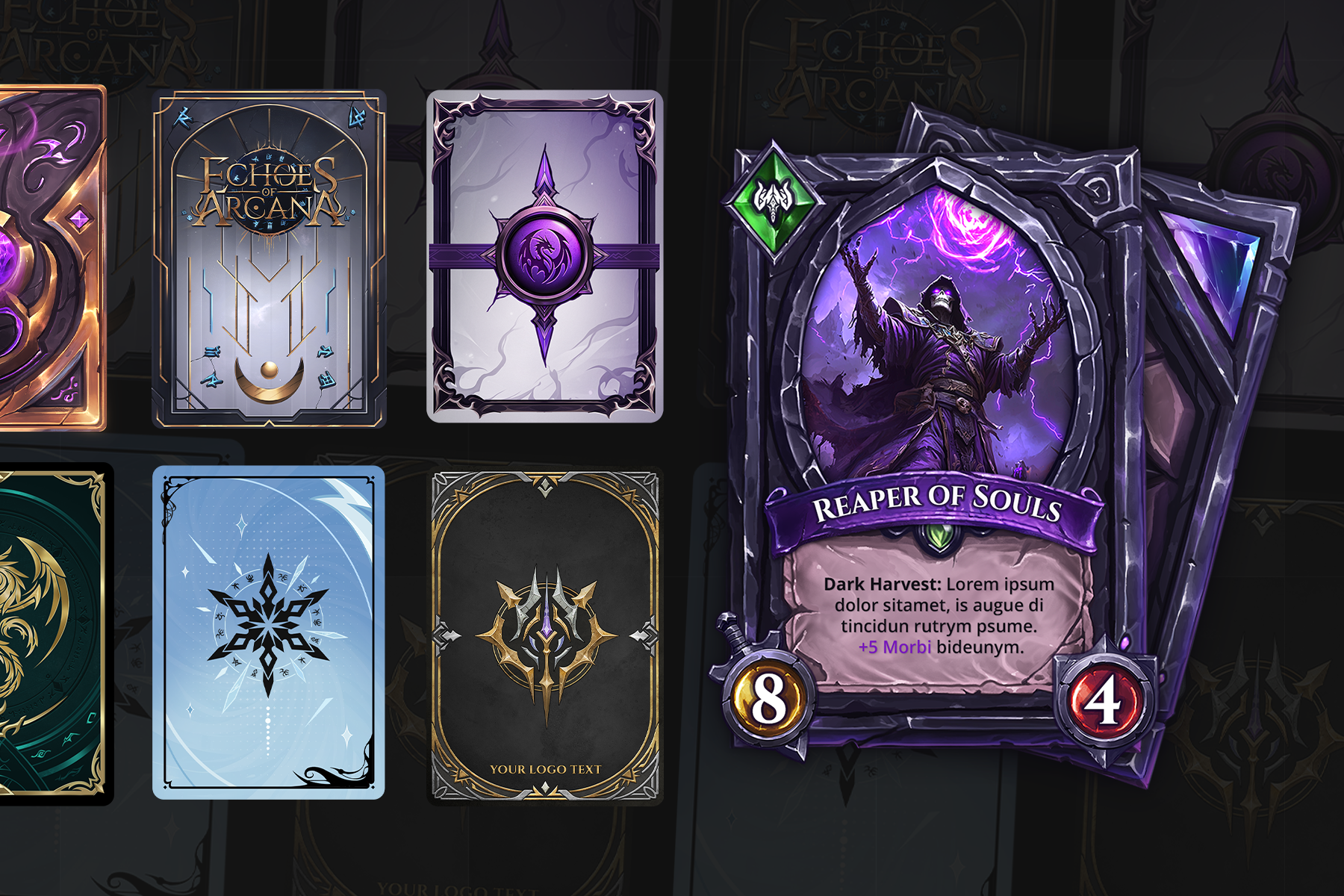 Custom trading card game UI design portfolio — TCG card branding and template collection by Pixarts Studio.