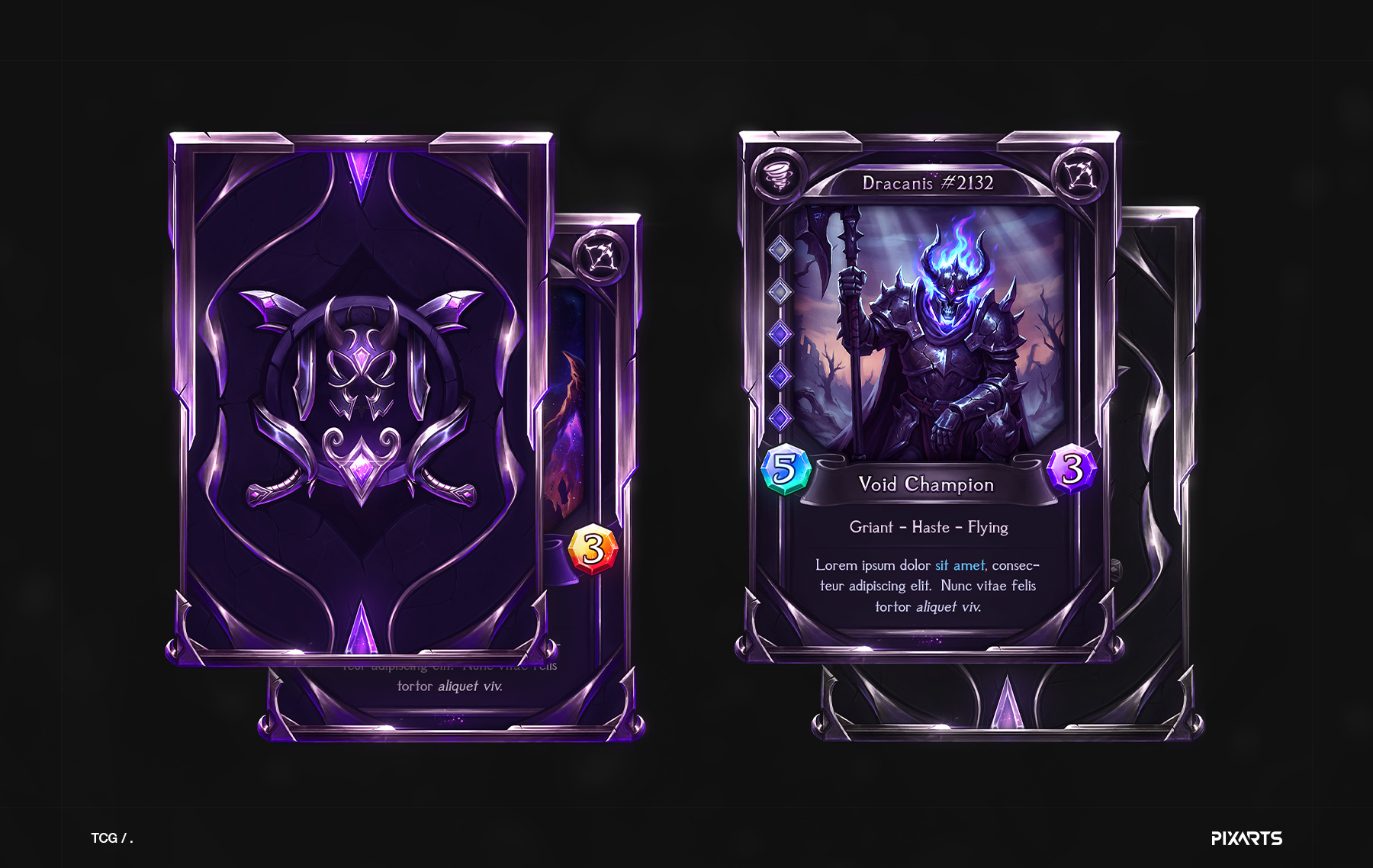 Void Champion — custom TCG card front and back design with cosmic void aesthetic and structured stats UI.